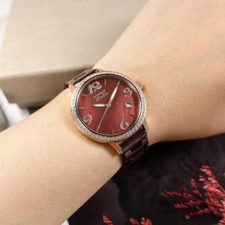 【NATURALLY JOJO】珍珠母貝 日期 晶鑽時尚 陶瓷手錶 紅褐x玫瑰金框 34mm(JO96968-95R)