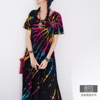 【潘克拉】紮染彩色放射紋純棉T恤連衣裙-F(彩色)