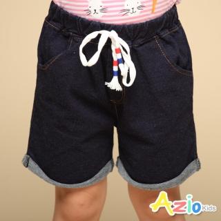 【Azio Kids 美國派】女童 短褲 綁帶反摺純色牛仔短褲(藍)