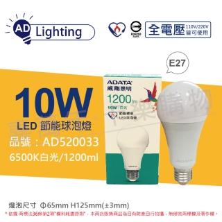 【ADATA 威剛】6入組 LED 10W 6500K 白光 E27 全電壓 節能 球泡燈 _ AD520033