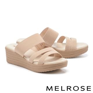 【MELROSE】清新寬版彈力繫帶楔型高跟拖鞋(米)