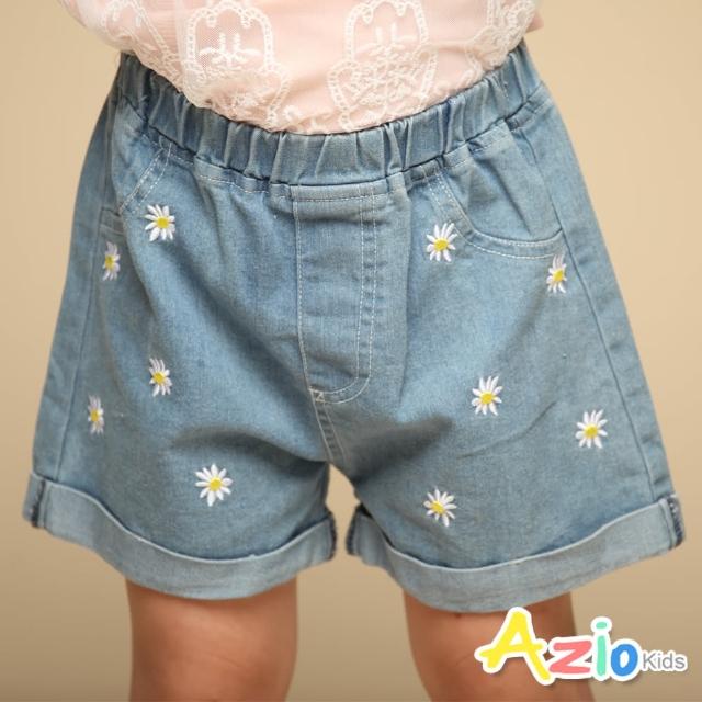 【Azio Kids 美國派】女童 短褲 滿版刺繡小白花反摺牛仔短褲(藍)