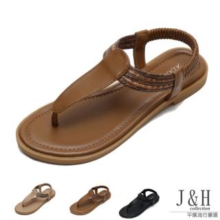 【J&H collection】簡約拼色夾趾後跟彈性帶平底涼鞋(現+預 黑色 / 杏色 / 棕色)