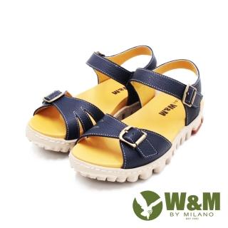 【W&M】女 可調式真皮厚底輕量涼鞋 女鞋(藍)
