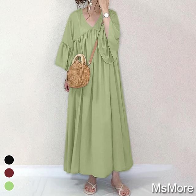 【MsMore】杜拜夏季純色荷葉寬鬆涼爽大碼長洋裝#109435現貨+預購(3色)