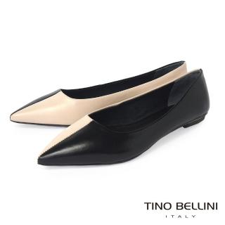 【TINO BELLINI 貝里尼】巴西進口法式簡約雙色拼接尖頭平底鞋 FWBT0024(黑)