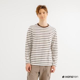 【Hang Ten】男裝-厚磅腳丫長袖T恤(棕白條紋)