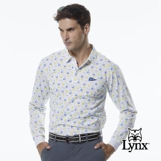 【Lynx Golf】男款吸濕排汗滿版高爾夫印花旗幟Lynx繡花長袖POLO衫/高爾夫球衫(白色)