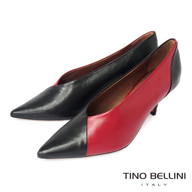 【TINO BELLINI 貝里尼】巴西進口牛皮雙色拼接V型深口尖楦跟鞋FWDT0010(紅)