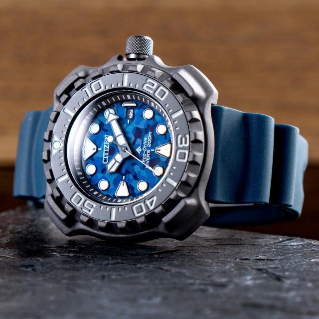 【CITIZEN 星辰】PROMASTER 潛水悍將光動能橡膠潛水腕錶/藍x灰框(BN0227-09L)