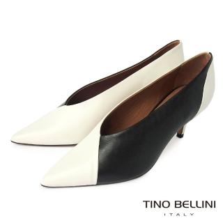 【TINO BELLINI 貝里尼】巴西進口牛皮雙色拼接V型深口尖楦跟鞋FWDT0010(黑)