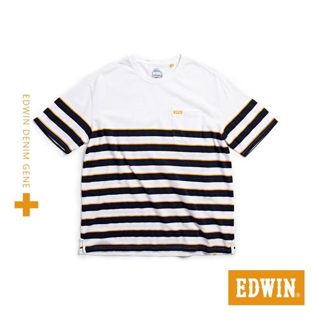 【EDWIN】男裝 PLUS+ 寬版條紋口袋短袖T恤(白色)