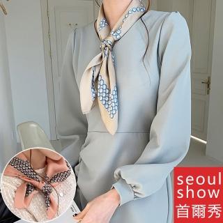 【Seoul Show 首爾秀】珍珠項鏈印花方領巾仿真蠶絲緞面頭巾雪紡絲巾(防寒保暖)