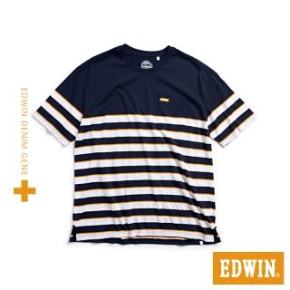 【EDWIN】男裝 PLUS+ 寬版條紋口袋短袖T恤(丈青色)