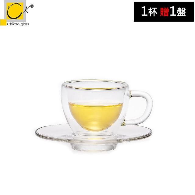 【Chikao】耐熱把手雙層杯 贈盤子 50ml(雙層玻璃杯 咖啡杯 茶杯)