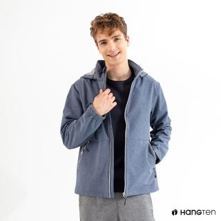 【Hang Ten】男裝-恆溫多功能-貼合刷毛防輕潑水可拆帽軟殼外套(淺花紗藍)