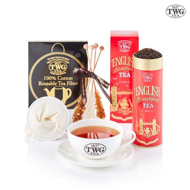 【TWG Tea】英式早餐茶茗茶禮物組(英式早餐茶/多款茗茶 100g/罐+早茶杯盤組+瀘茶網+茶糖棒)