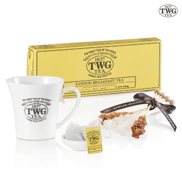 【TWG Tea】倫敦早餐茶茶包禮物組(倫敦早餐茶 黑茶 15包/盒+馬克杯+茶碟+茶棒糖)