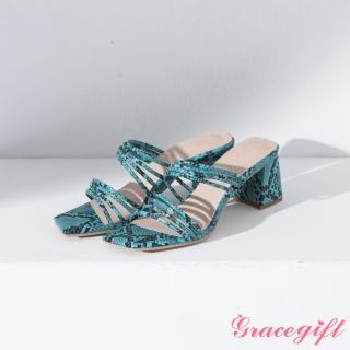 【Grace Gift】妍安聯名-細帶斜方頭中跟涼鞋(藍蛇紋)