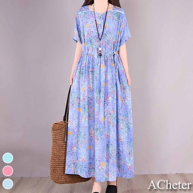 【ACheter】森林浴幽靜印花棉麻寬鬆洋裝#109689現貨+預購(3色)