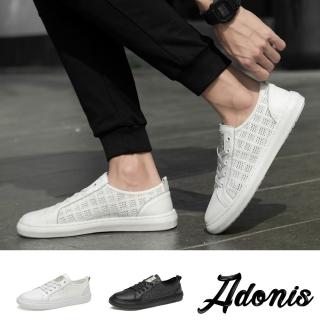 【Adonis】真皮板鞋/真皮網布拼接透氣復古時尚休閒板鞋-男鞋(2色任選)