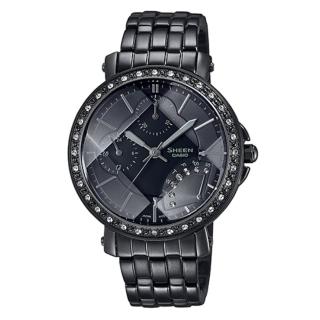 【CASIO 卡西歐】SHEEN 黑天鵝三眼三針切割玻璃編織錶帶不鏽鋼腕錶(SHN-3011BB-1A)