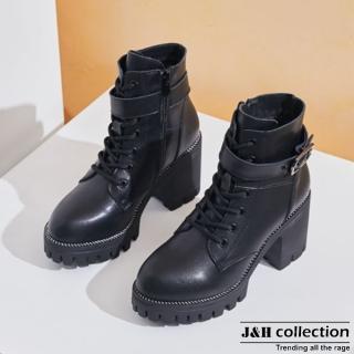 【J&H collection】時尚英倫風真皮粗跟馬丁靴(現+預 黑色)