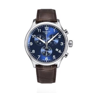 【TISSOT 天梭】Chrono XL三眼計時 銀框 藍面 深咖啡色皮革錶帶 手錶 男錶 母親節(T116.617.16.047.00)