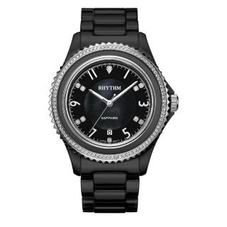 【RHYTHM 麗聲】璀璨奢華鑲鑽日期顯示窗格陶瓷腕錶(黑/全陶瓷錶帶)