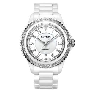 【RHYTHM 麗聲】璀璨奢華鑲鑽日期顯示窗格陶瓷腕錶(白/全陶瓷錶帶)