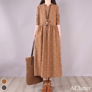 【ACheter】日本碎花大碼休閒寬鬆氣質收腰系帶洋裝#110888現貨+預購(2色)