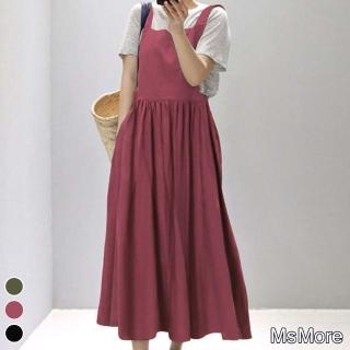 【MsMore】日本大阪風情復古口袋寬版吊帶棉麻洋裝#109701現貨+預購(3色)