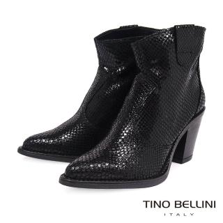 【TINO BELLINI 貝里尼】義大利進口牛漆皮蛇紋高跟短靴FPO0001(黑)