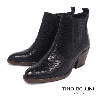 【TINO BELLINI 貝里尼】歐洲進口蛇紋粗高跟短靴FOO0001(黑)