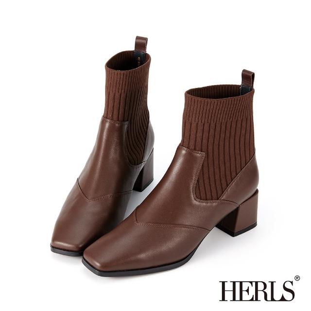 【HERLS】短靴-牛皮拼接坑條織布方頭低跟短靴(深棕色)