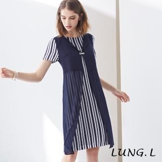 【LUNG.L 林佳樺】LH35H#藍色條紋搭配素面雪紡假兩件短袖洋裝(女裝)