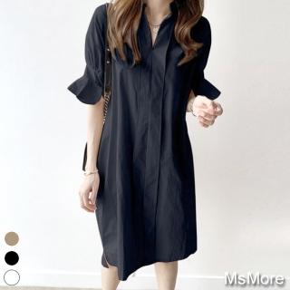 【MsMore】日本設計師單排釦寬鬆開岔荷葉袖襯衫式洋裝#109708現貨+預購(3色)