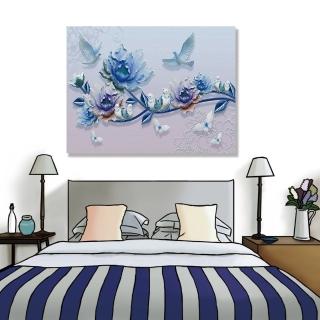 【24mama 掛畫】單聯式 油畫布 美麗花卉 動物 蝴蝶 昆蟲 藍色 抽象 無框畫-80x60cm(藍玫瑰與鳥)