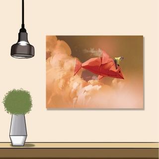 【24mama 掛畫】單聯式 油畫布 女孩 摺紙魚 藝術插畫 天空 無框畫-40x30cm(騎在雲中)