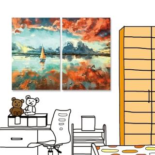 【24mama 掛畫】二聯式 油畫布 日落時分 藝術繪畫 雲 天空 倒影 無框畫-40x60cm(海洋中船)