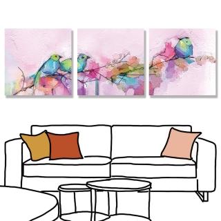 【24mama 掛畫】三聯式 油畫布 抽象 五顏六色 動物 春天 藝術繪畫 花卉 無框畫-30x30cm(色彩鳥)