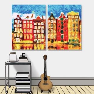 【24mama 掛畫】二聯式 油畫布 五顏六色 阿姆斯特丹 變形 城市建築 無框畫-30x40cm(運河迷幻畫)