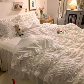 【JEN】泡泡紗水洗棉素色韓式公主風蕾絲四件式床單被套枕套組(雙人白色)