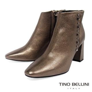 【TINO BELLINI 貝里尼】義大利進口俐落氣場鉚釘高跟短靴TF8542(香檳金)