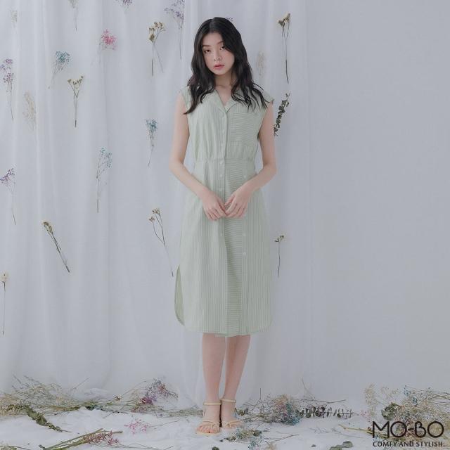 【MO-BO】浪漫待續條紋顯瘦包袖洋裝(洋裝)