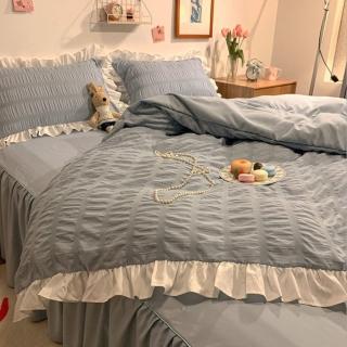 【JEN】泡泡紗水洗棉素色韓式公主風蕾絲四件式床單被套枕套組(雙人藍色)