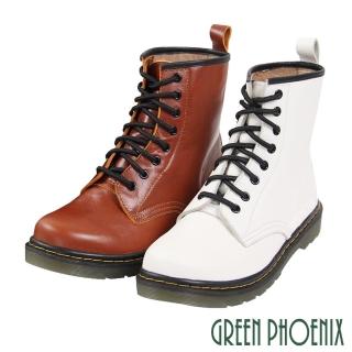【GREEN PHOENIX 波兒德】女款國際精品簡約皮革手縫綁帶義大利小牛皮平底馬丁靴(咖啡、白色)