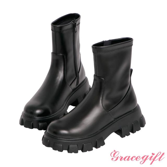 【Grace Gift】輕量素面厚底中筒靴(黑)
