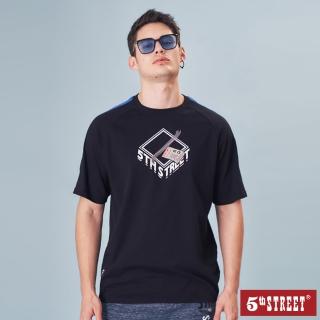 【5th STREET】男裝包裹貼撞色拉克蘭袖短袖T恤(黑色)
