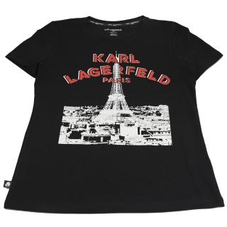 【KARL LAGERFELD 卡爾】老佛爺 巴黎鐵塔景點圖案素雅個性棉短T(黑)